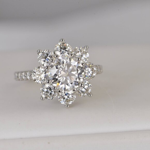 3.55ct Certified All Moissanite Sunflower Engagement Ring - Picture 3 of 4